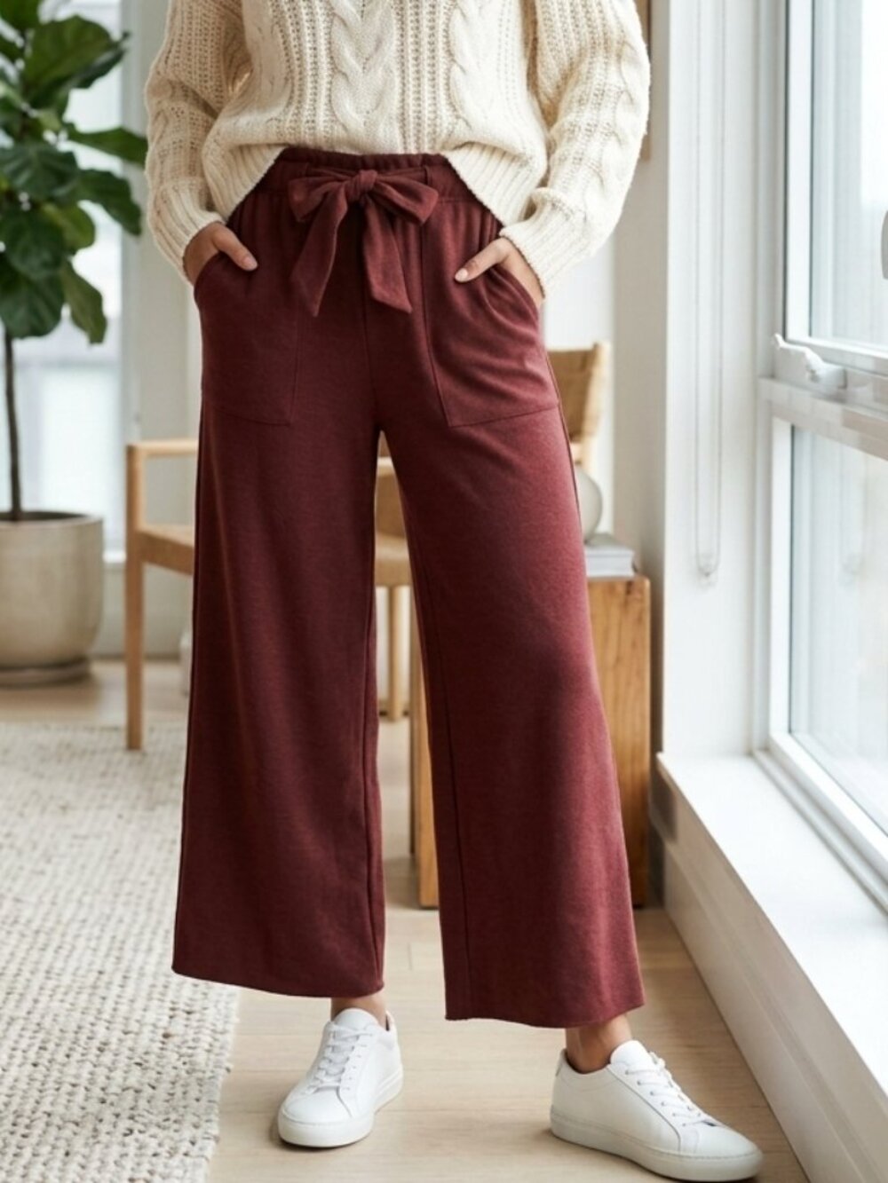 Rachel Roy Burgundy Maroon Wide Leg Tie Waist Wide Leg Crop Trouser Pants Size S